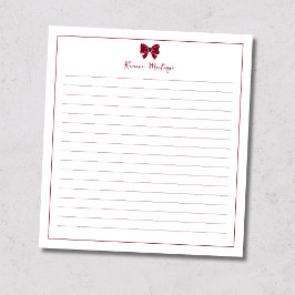 Burgundy Bow Border Custom Name Lined Notizblock
