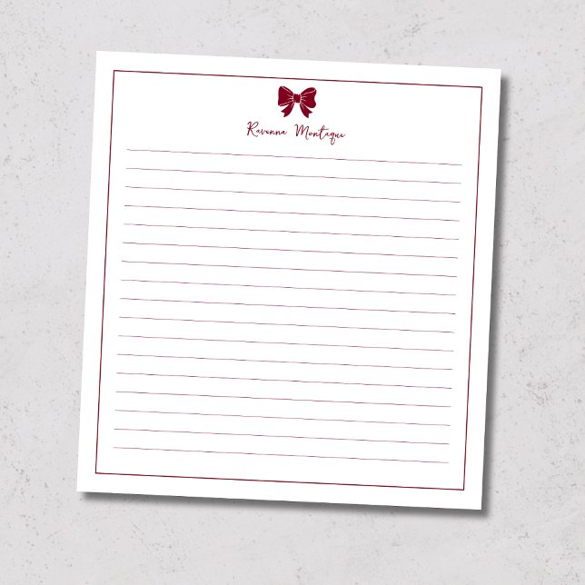 Burgundy Bow Border Custom Name Lined Notizblock (Von Creator hochgeladen)