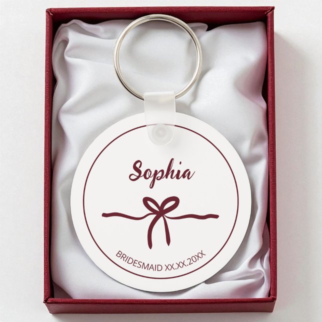 Burgundy Bow Bridesmaid Script Modern Name Date Schlüsselanhänger (Burgundy Bow Bridesmaid Script Modern Name Date Keychain)