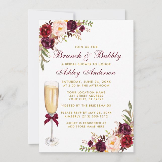 Burgundy Brautparty Brunch Bubbly Gold Einladung (Vorderseite)