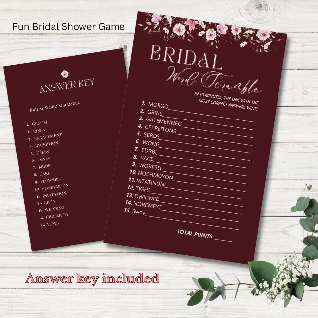 Burgundy Bridal Word Scramble Game With Answer Key (Von Creator hochgeladen)