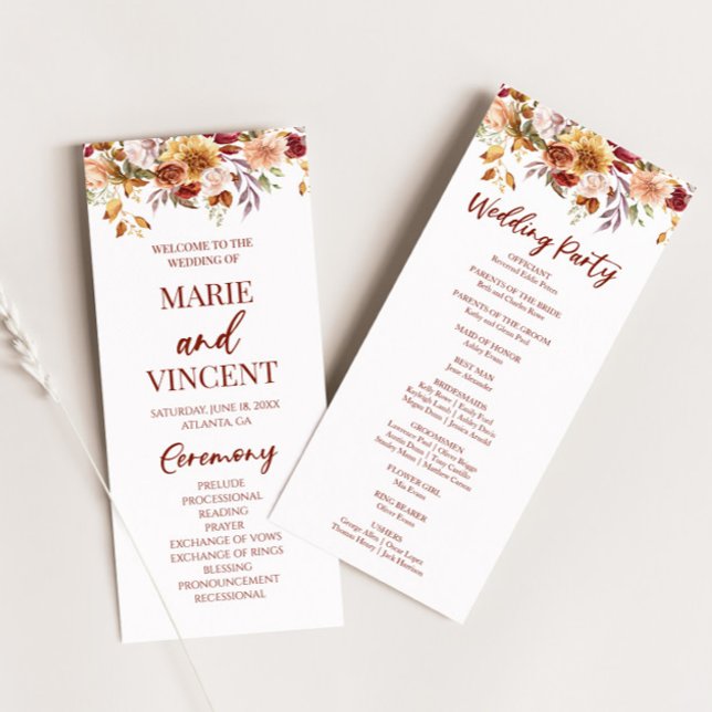 Burgundy Brown Beige Floral Flowers Wedding Programm (Von Creator hochgeladen)