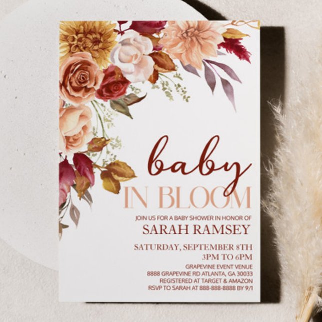 Burgundy Brown Floral Baby in Bloom Baby Dusche Einladung (Von Creator hochgeladen)
