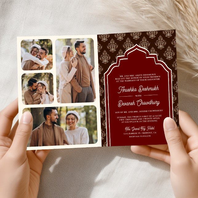 Burgundy Brown Ikat Foto Collage Indian Wedding Einladung (Von Creator hochgeladen)
