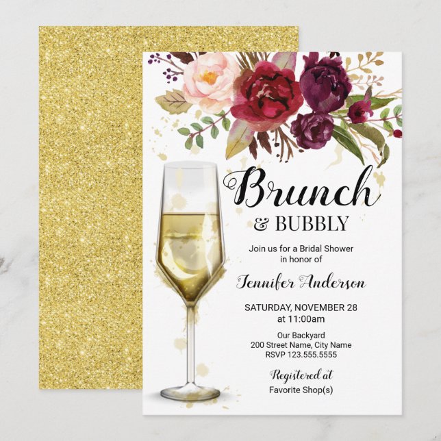 Burgundy Brunch & Bubbly Bridal Dusche Einladung (Vorne/Hinten)