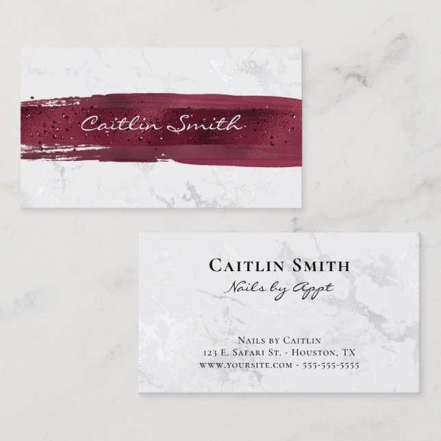 Burgundy Brush Stroke Silver White Foil Marmor Visitenkarte (Vorne/Hinten)