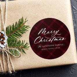 Burgundy Brushed Kariert Frohe Weihnachten Runder Aufkleber