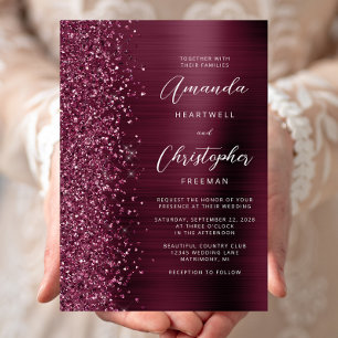 Burgundy Brushed Metal Glitzer Script Wedding Einladung