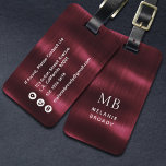 Burgundy Brushed Steel Faux Metal Monogram Gepäckanhänger<br><div class="desc">Travel in elegance with this Burgundy Brushed Steel Faux Metal Monogram Luggage Tag. The design features a rich burgundy faux brushed metal background inspired by sleek stainless steel finishes, creating a bold yet refined look. Personalize the front with your monogram initials and name in crisp white typography for a clean...</div>