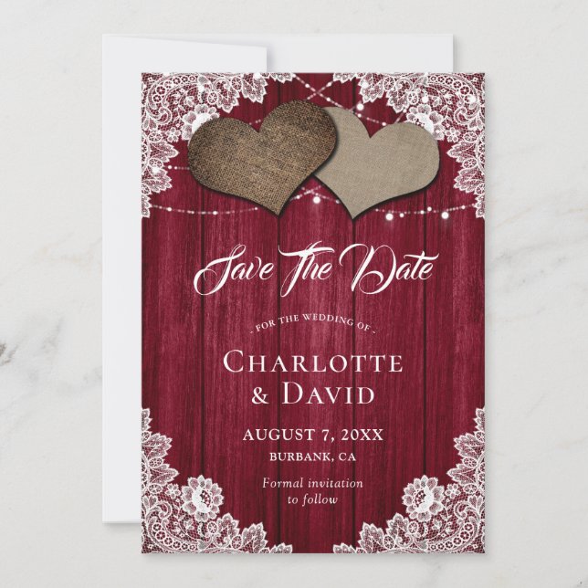 Burgundy Burlap Lace Wedding Enregistrer La Carte  (Devant)
