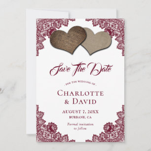 Burgundy Burlap Lace Wedding Save the Date Card