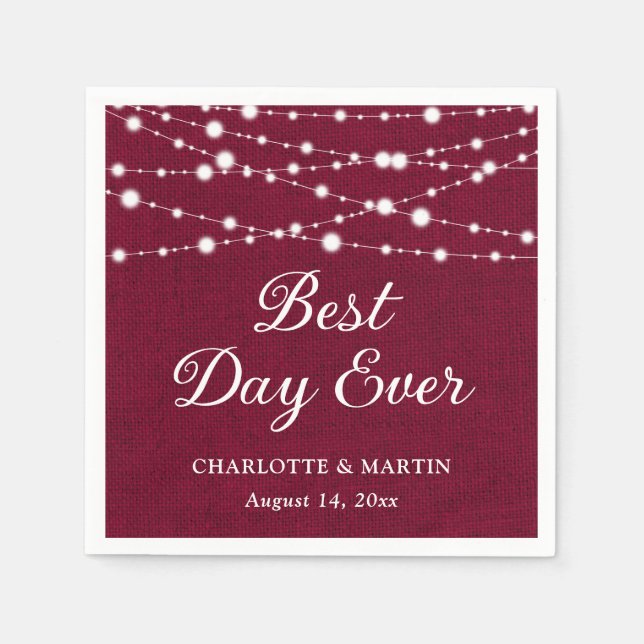 Burgundy Burlap String Lights Rustikale Hochzeit Serviette (Vorderseite)