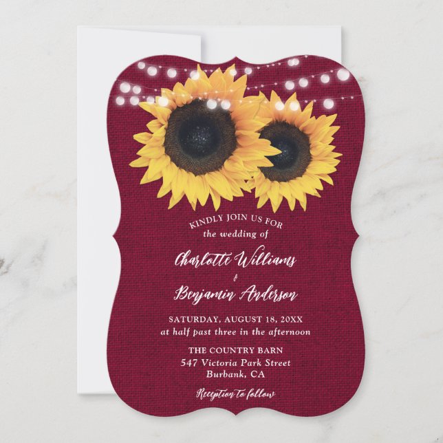 Burgundy Burlap String Lights Sonnenblume Hochzeit Einladung (Vorderseite)