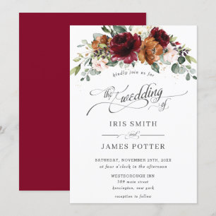 Burgundy Burnt Orange Blush Elfenbeinblumenhochzei Einladung