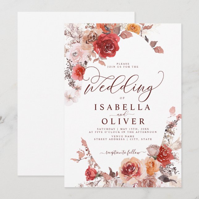 Burgundy Burnt Orange BohoTerracotta Wedding Invit Einladung (Vorne/Hinten)