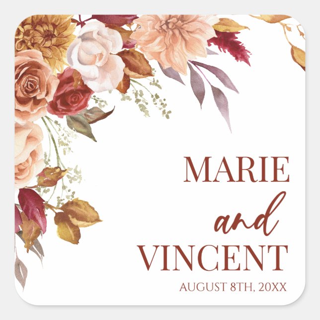 Burgundy Burnt Orange Brown Blume Wedding Quadratischer Aufkleber (Vorderseite)