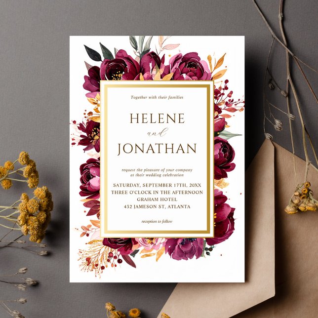 Burgundy Burnt Orange Floral Elegante Hochzeit Einladung (Burgundy Burnt Orange Floral Elegant Wedding Invitation)