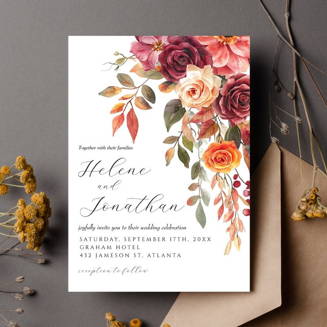 Burgundy Burnt Orange Floral Elegante Hochzeit Einladung (Burgundy Burnt Orange Floral Elegant Wedding Invitation)