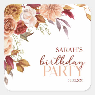 Burgundy Burnt Orange Floral Geburtstagsparty Quadratischer Aufkleber