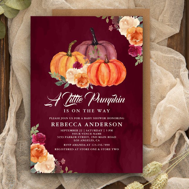 Burgundy Burnt Orange Floral Pumpkin Baby Dusche Einladung (Von Creator hochgeladen)