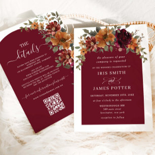 Burgundy Burnt Orange Floral Wedding Details QR Einladung