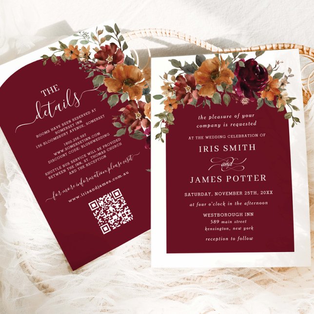Burgundy Burnt Orange Floral Wedding Details QR Einladung (Von Creator hochgeladen)