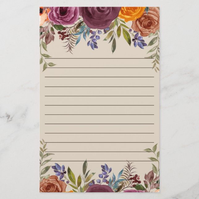 Burgundy Burnt Orange Lila floral Lined Briefpapier (Vorderseite)
