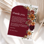 Burgundy Burnt Orange Rust Floral Wedding Dankeskarte<br><div class="desc">Mit unseren exquisiten Dankeschön-Karten, die eine einzigartige Bogenform aufweisen und mit bordeauxroten und verbrannten orangefarbenen Blumen geschmückt sind, bedanken Sie sich. Personalisieren Sie es einfach und schnell mit Ihren eigenen Formulierungen, drücken Sie einfach die Schaltfläche Bearbeiten mit dem Design-Tool, um den Stil und die Platzierung des Textes weiter zu ordnen...</div>