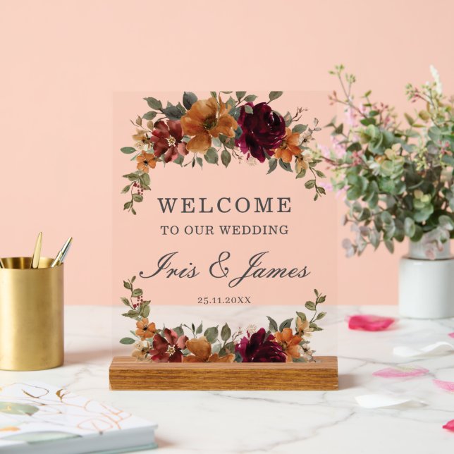 Burgundy Burnt Orange Rust Floral Wedding Willkomm Acrylschild (Hochzeit)