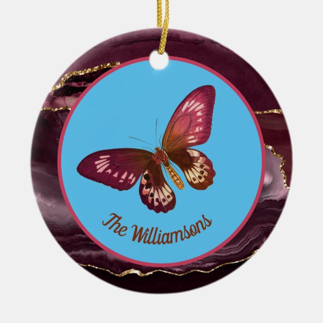 Burgundy Butterfly auf Blue Sky Merry und Bright Keramik Ornament (Vorne)