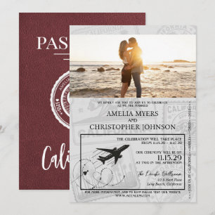 Burgundy California Passport Wedding Einladung