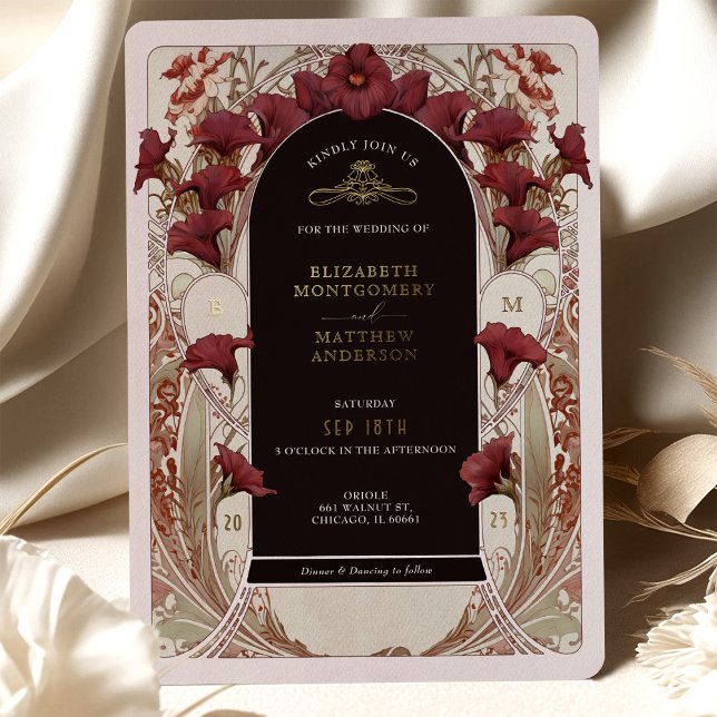 Burgundy Calla Lily Wedding Art Nouveau Mucha Folieneinladung (Von Creator hochgeladen)
