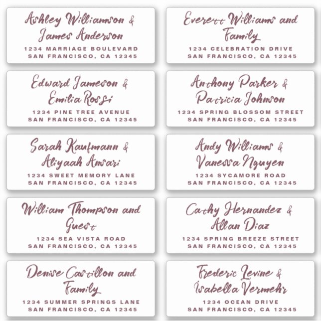 Burgundy Calligraphie Étiquettes de adresse invité (Devant)