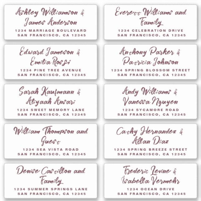 Burgundy Calligraphy Guest Address Labels (Vorderseite)