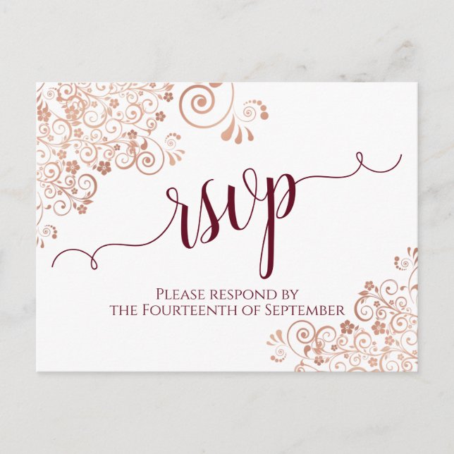 Burgundy Calligraphy Rose Gold Lace Wedding RSVP Postkarte (Vorderseite)