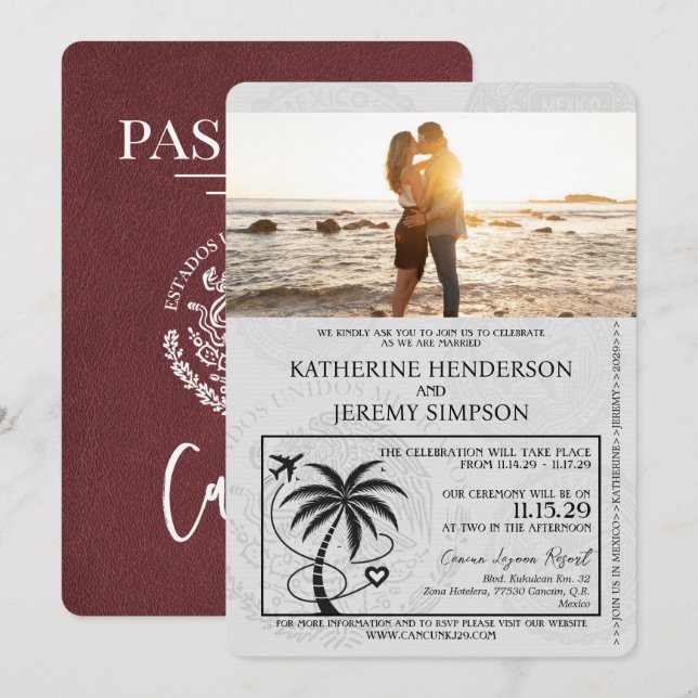 Burgundy Cancun Passport Wedding Einladung (Vorne/Hinten)