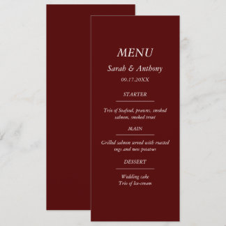 Burgundy Casual Minimalist Elegant Wedding Food  Menükarte