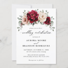 Burgundy Champagne Ivory Mauve Rose Floral Wedding Einladung