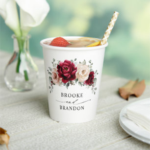 Burgundy Champagne Ivory Mauve Rose Floral Wedding Pappbecher