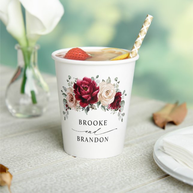 Burgundy Champagne Ivory Mauve Rose Floral Wedding Pappbecher (In Situ)