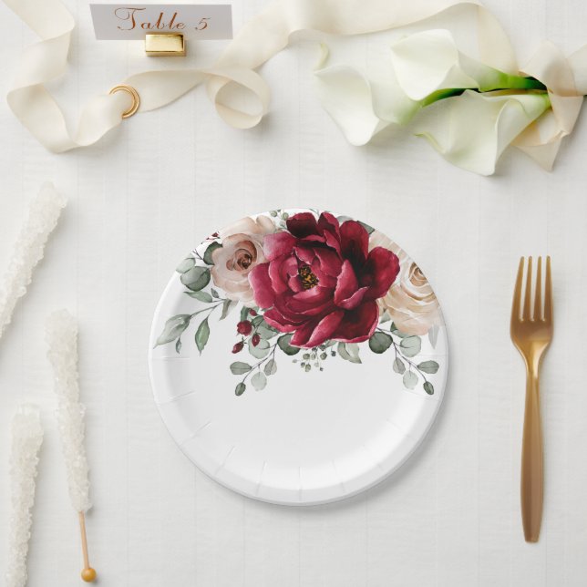 Burgundy Champagne Ivory Mauve Rose Floral Wedding Pappteller (Hochzeit)