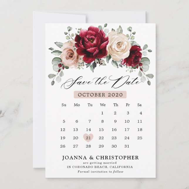 Burgundy Champagne Ivory Mauve Rose Floral Wedding Save The Date (Vorderseite)
