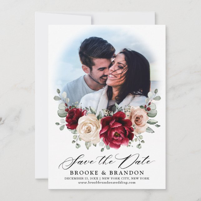 Burgundy Champagne Ivory Mauve Rose Floral Wedding Save The Date (Vorderseite)