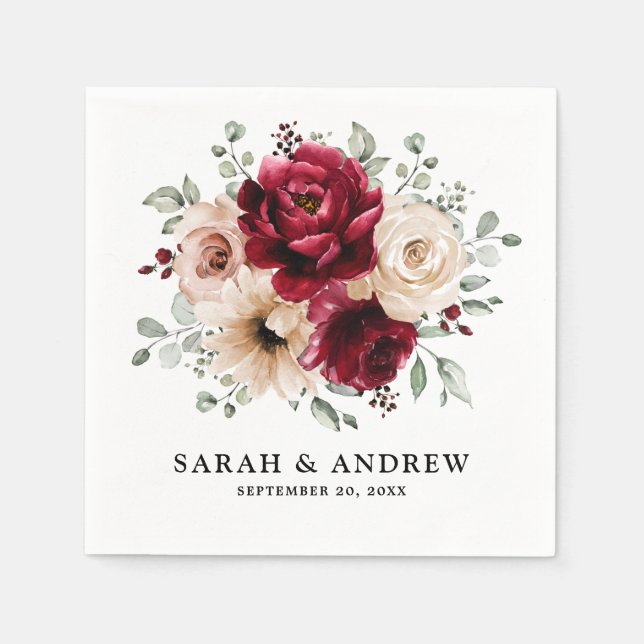 Burgundy Champagne Ivory Mauve Rose Floral Wedding Serviette (Vorderseite)