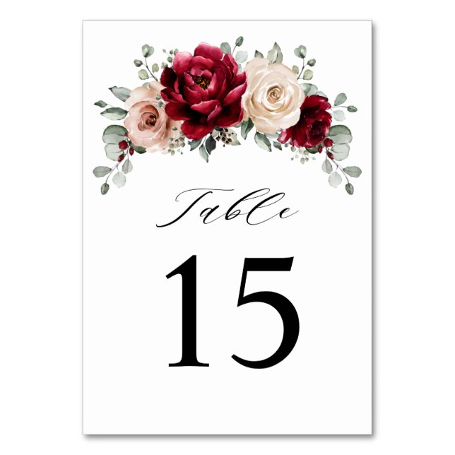 Burgundy Champagne Ivory Mauve Rose Floral Wedding Tischnummer (Vorderseite)