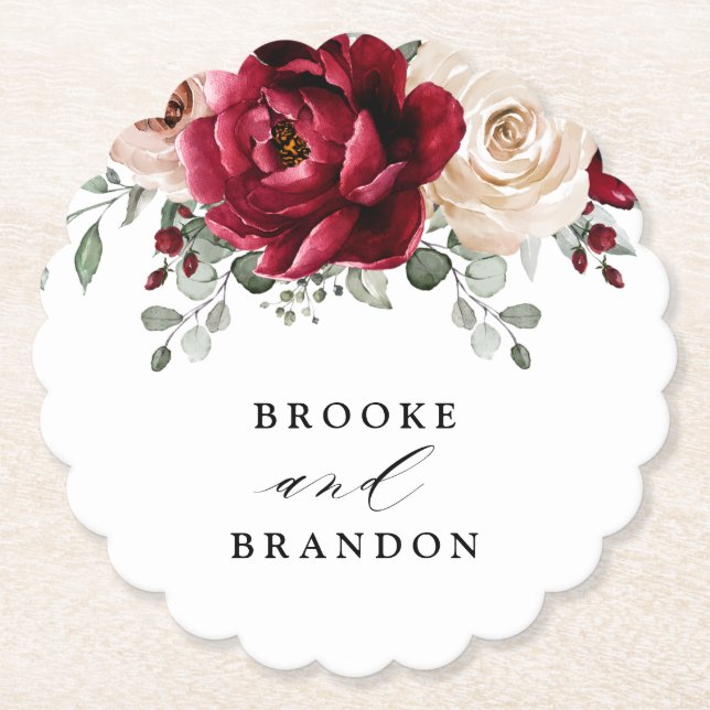 Burgundy Champagne Ivory Mauve Rose Floral Wedding Untersetzer (Vorderseite)
