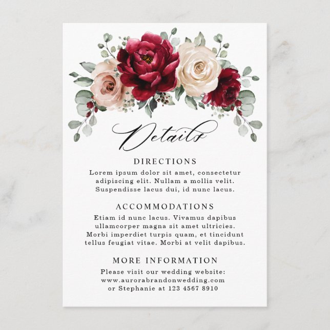 Burgundy Champagne Ivory Mauve Wedding Details Begleitkarte (Vorderseite)