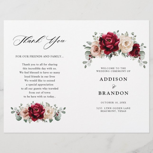 Burgundy Champagne Ivory Mauve Wedding Programm (Vorderseite)