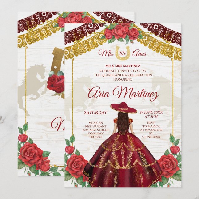 Burgundy Charro Rose Mis Quince Einladung (Vorne/Hinten)