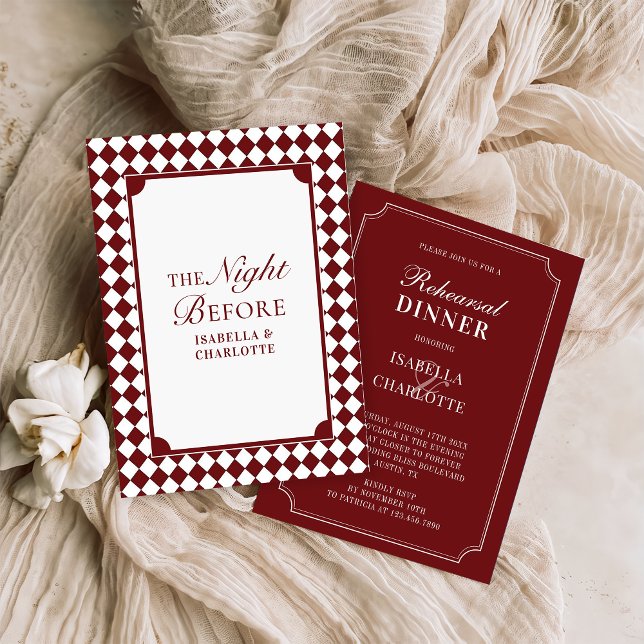 Burgundy Checkered Old Money Rehearsal Dinner Einladung (Von Creator hochgeladen)